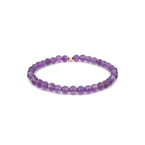 Natural Amethyst Gemstone Stretch Bracelet with 14K Gold Polished Accent Bead - Picture 5 of 6